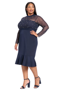 Laurenda Beaded Pearl Illusion Mesh Dress