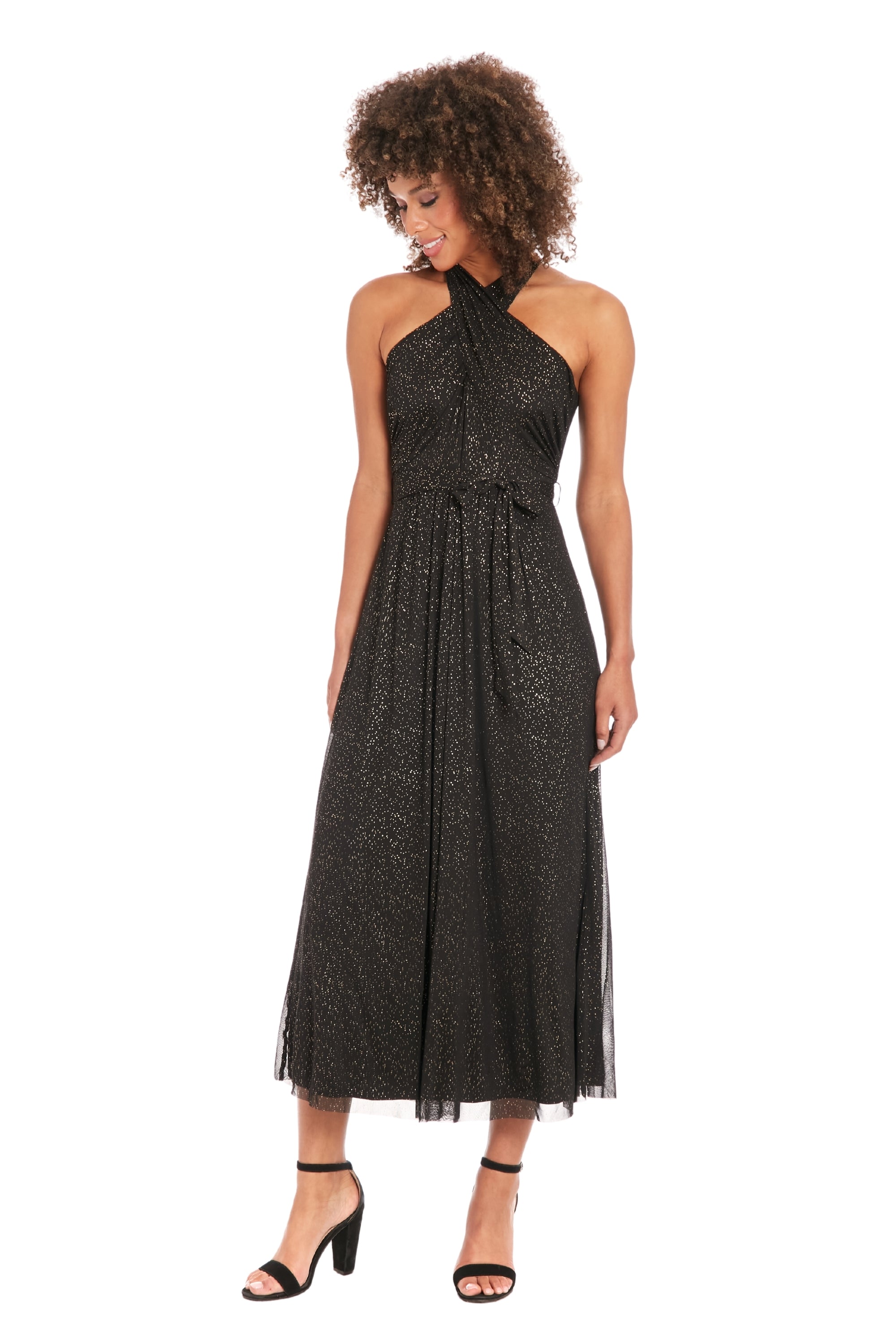 WRAP NECK Halter MAXI DRESS BLACK/GOLD FOIL / Standard / 12 WRAP NECK Halter MAXI DRESS BLACK/GOLD FOIL / Standard / 12