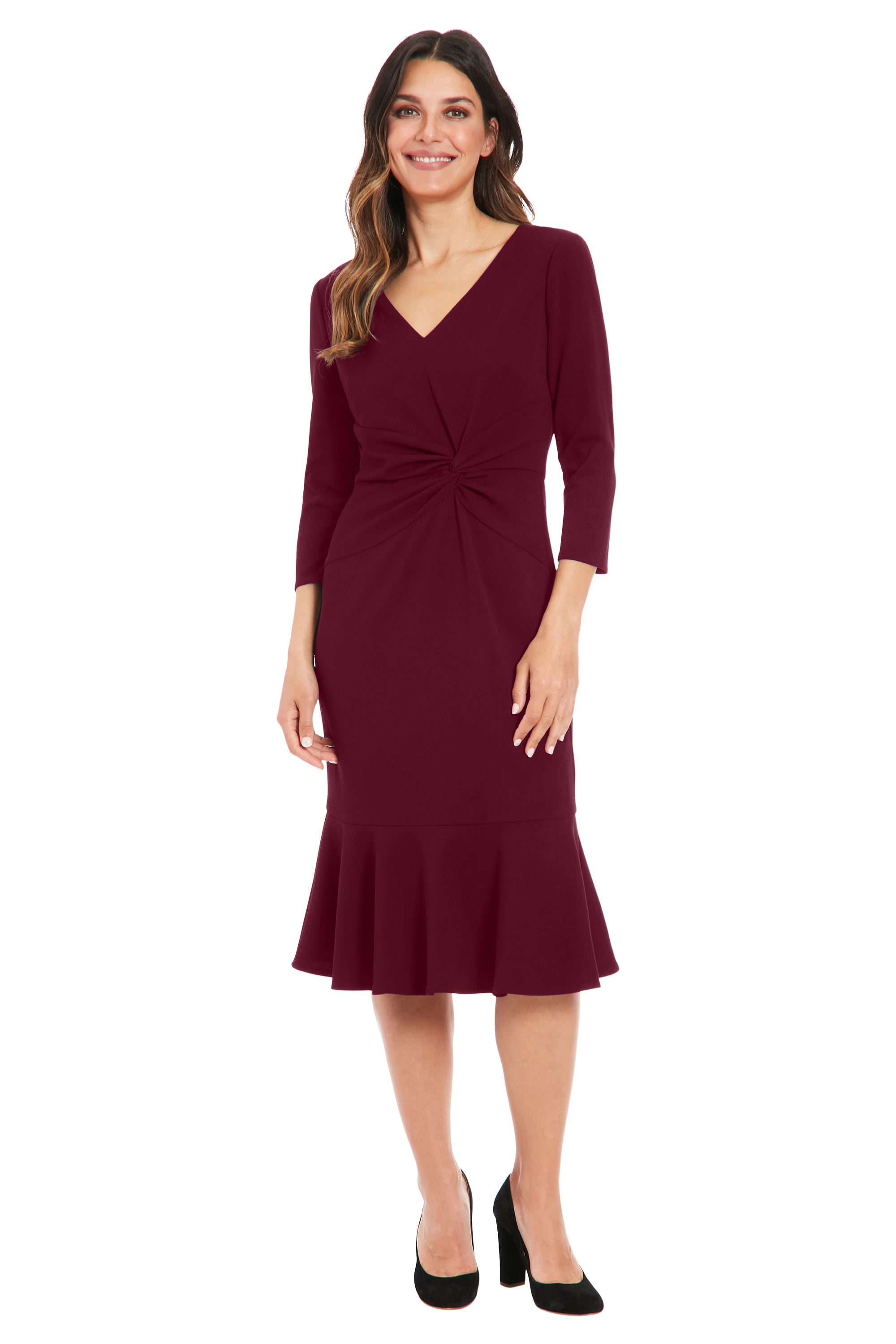 V-Neck Side Twist Midi Flounce with 3-4 Slv – Maggy London