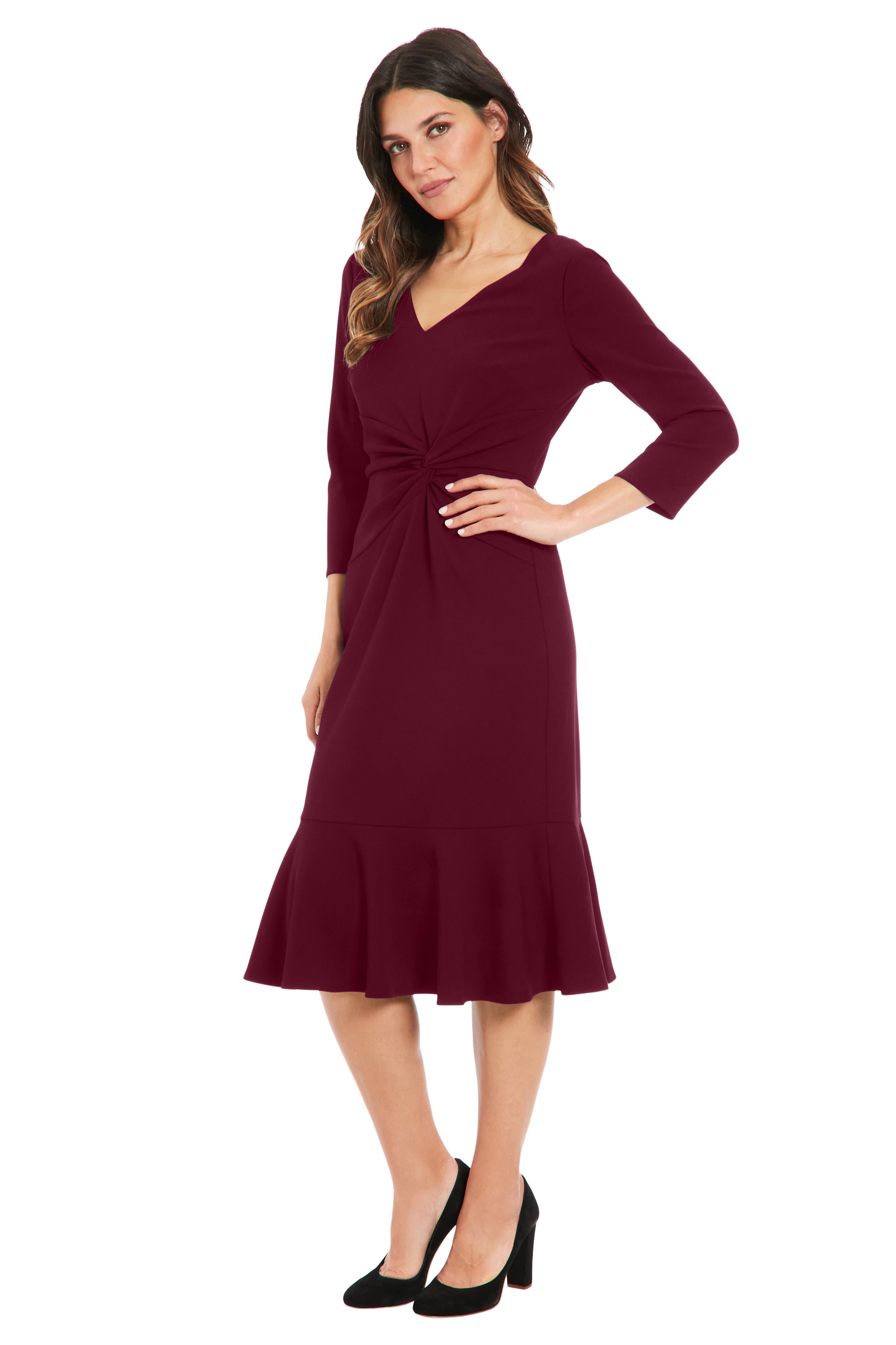 V-Neck Side Twist Midi Flounce with 3-4 Slv – Maggy London