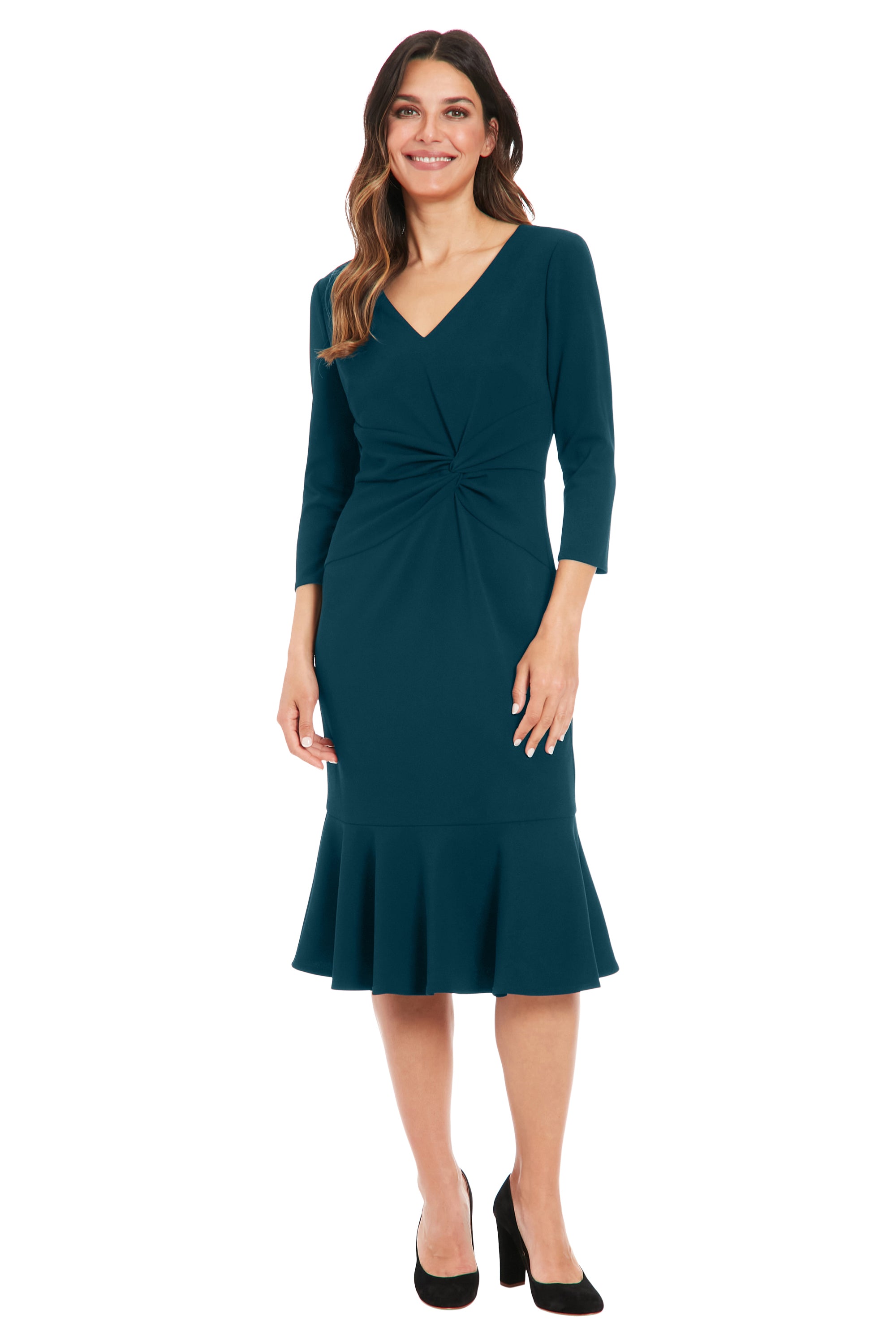 V-Neck Side Twist Midi Flounce with 3-4 Slv – Maggy London