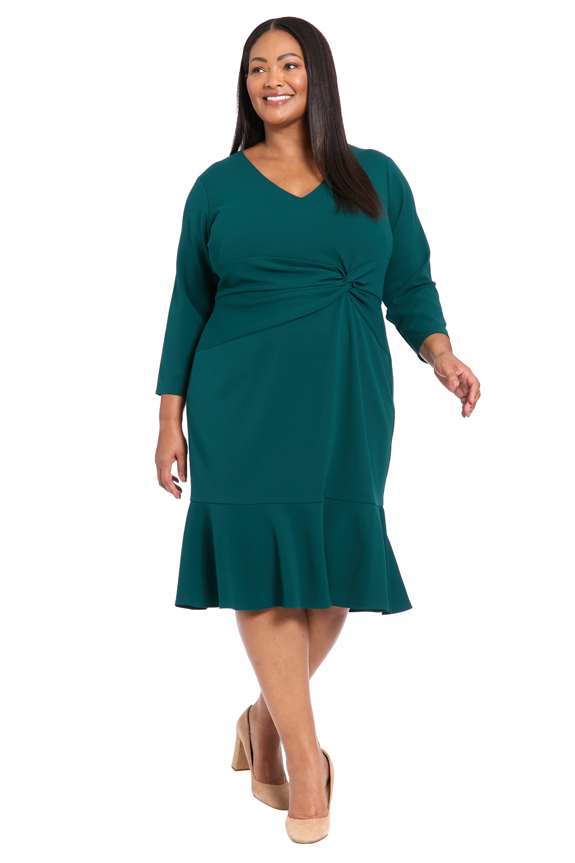 V-Neck Side Twist Midi Flounce with 3-4 Slv – Maggy London
