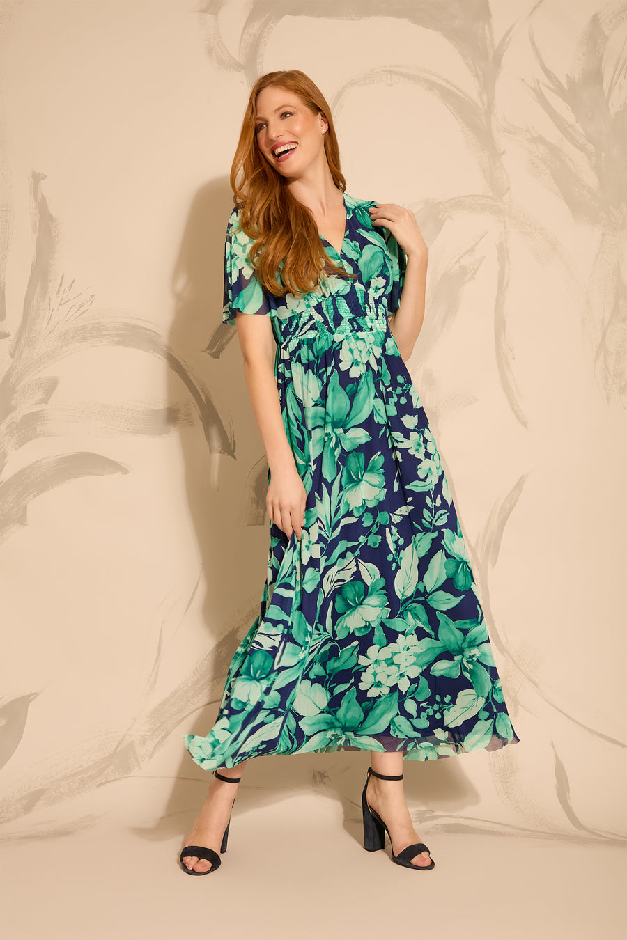 Leila Smocked Waist Mesh Maxi in Nature's Harmony | London Times Maggy London Leila Smocked Waist Mesh Maxi in Nature's Harmony | London Times Maggy London