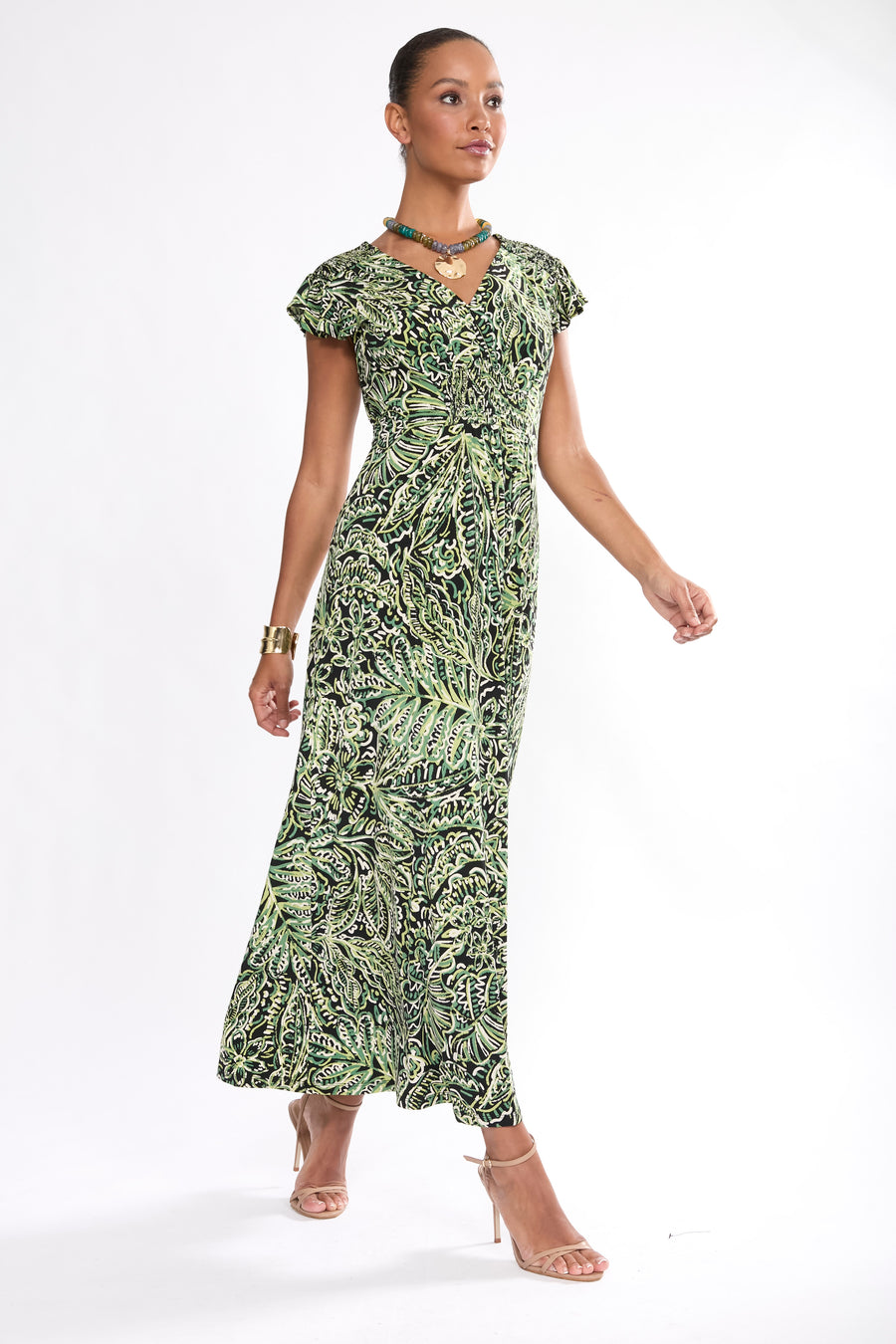 flutter sleeve floral maxi dress Flutter Sleeve Floral Bustier Maxi Dress - SMALL / White