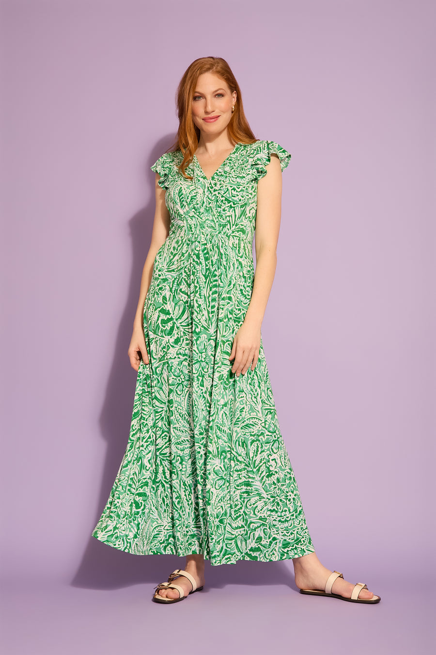 Tay in Linear Floral Maxi Flutter Sleeve Dress