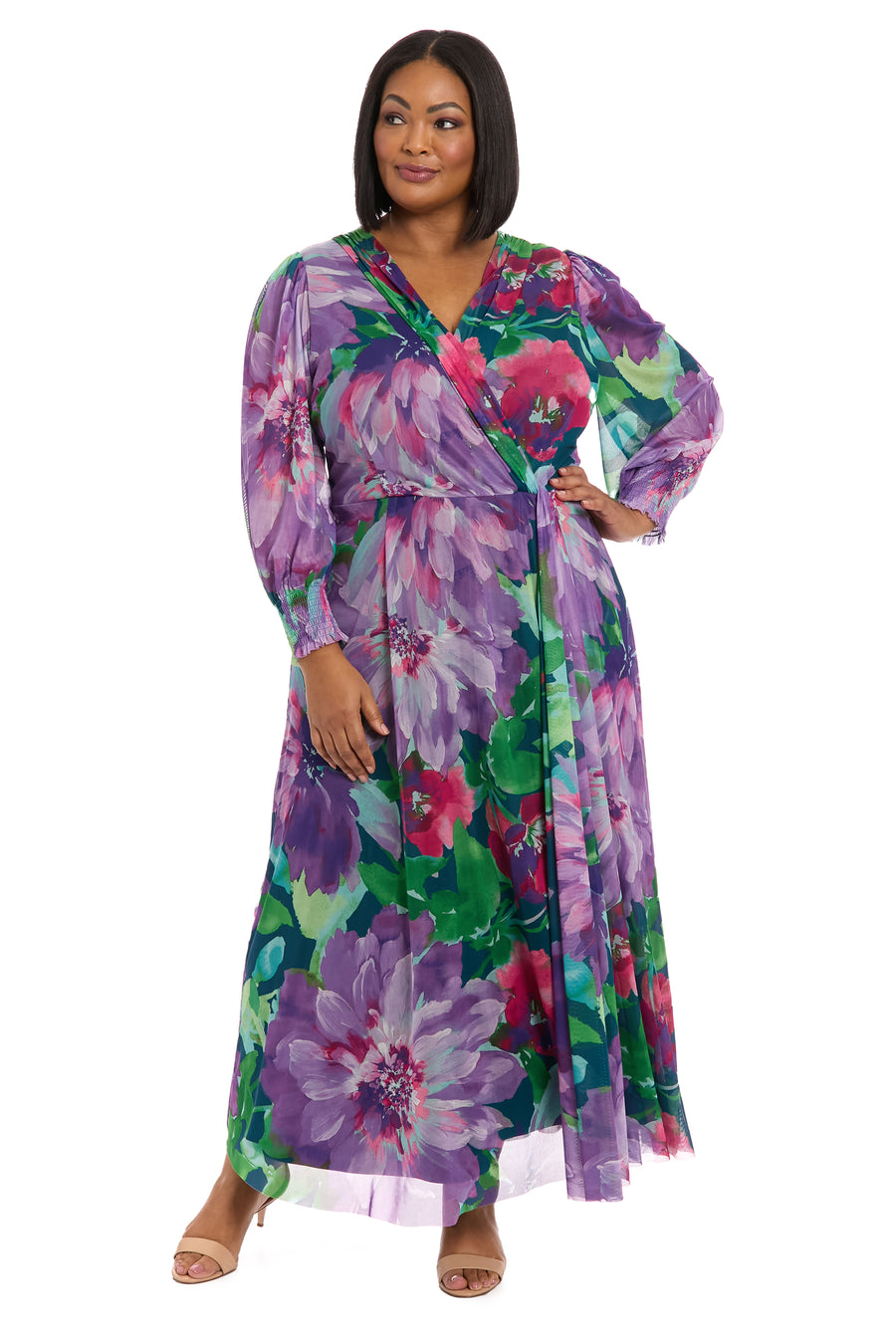 Women's London Times Floral Bishop Sleeve Mesh Surplice Maxi Dress, Size: Medium, Navy Purple Women's London Times Floral Bishop Sleeve Mesh Surplice Maxi Dress, Size: Medium, Navy Purple
