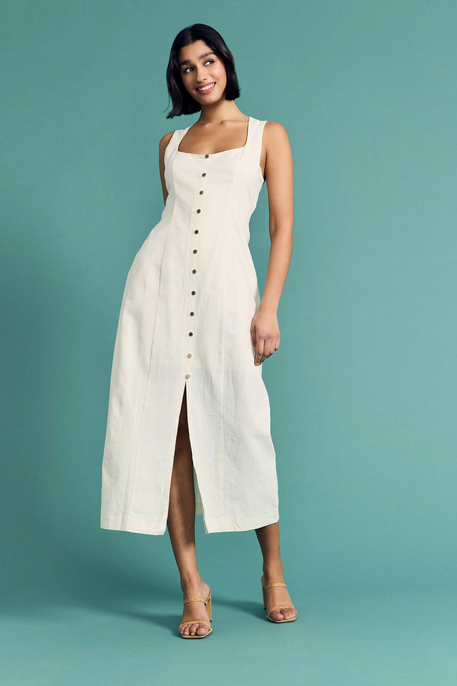 Justin Linen Scoop Neck Button Front Dress
