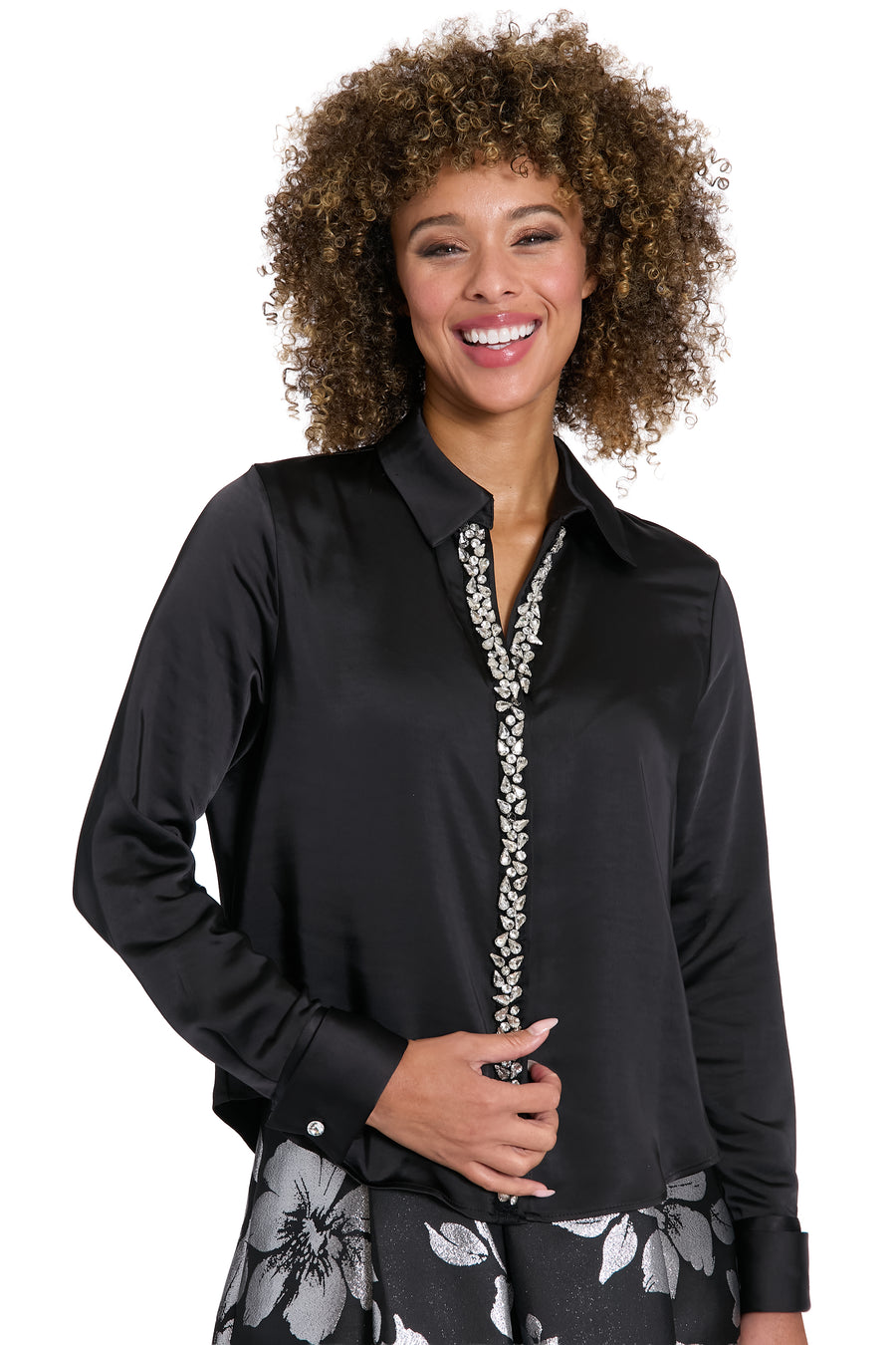 Roosevelt Jeweled Placket Long Sleeve Top
