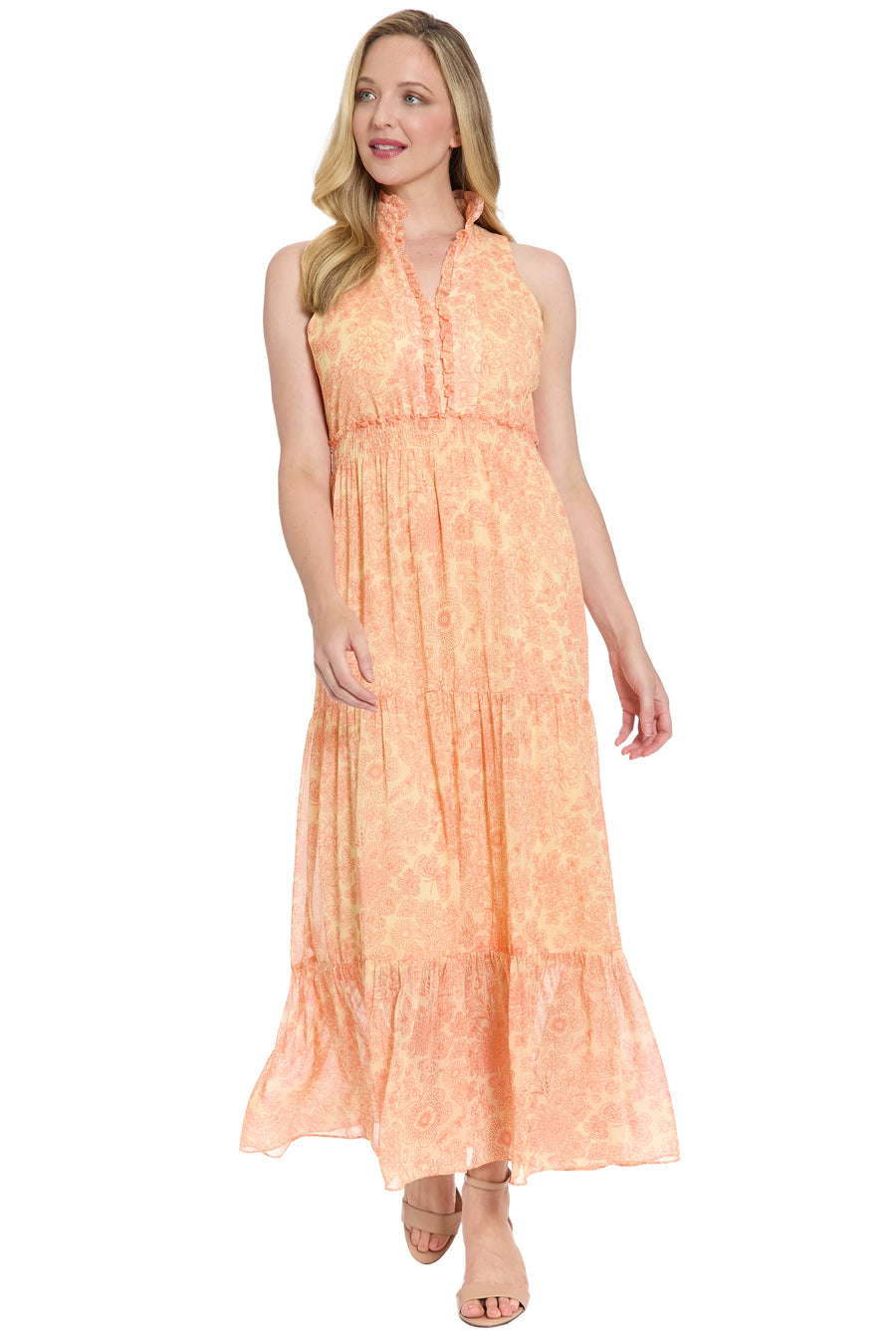 Brooke Ruffle Neck Smocked Maxi in Monotone Garden