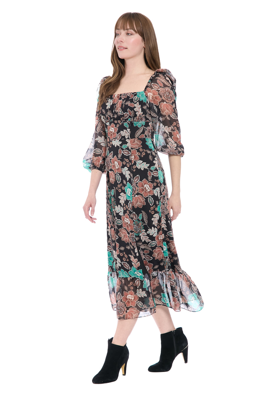 Kristin 3/4 Puff Sleeve Midi in Botanical Chiffon Maggy London Kristin 3/4 Puff Sleeve Midi in Botanical Chiffon Maggy London