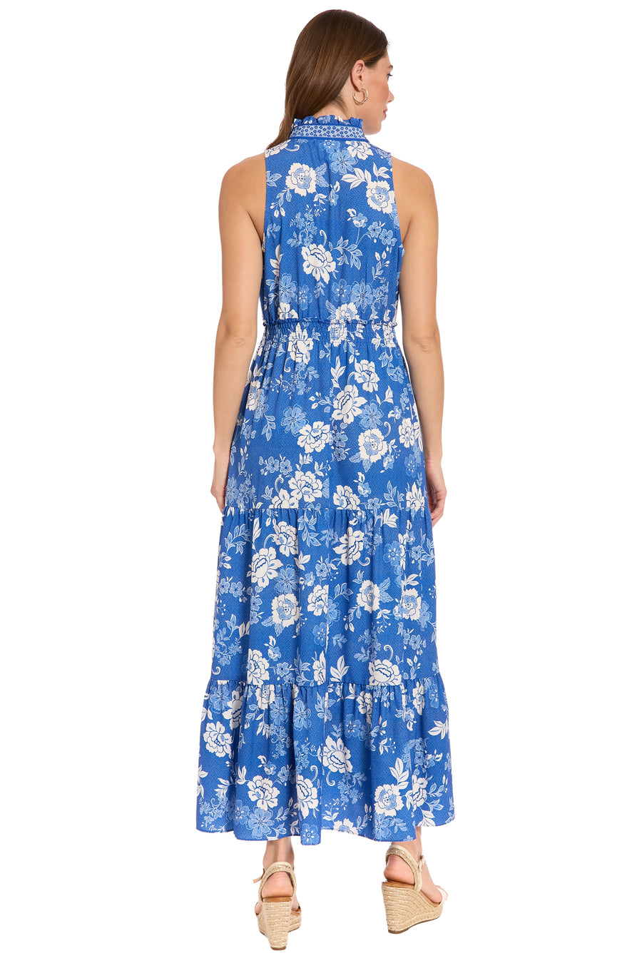 Brooke Ruffle Neck Smocked Maxi in Grid Floral