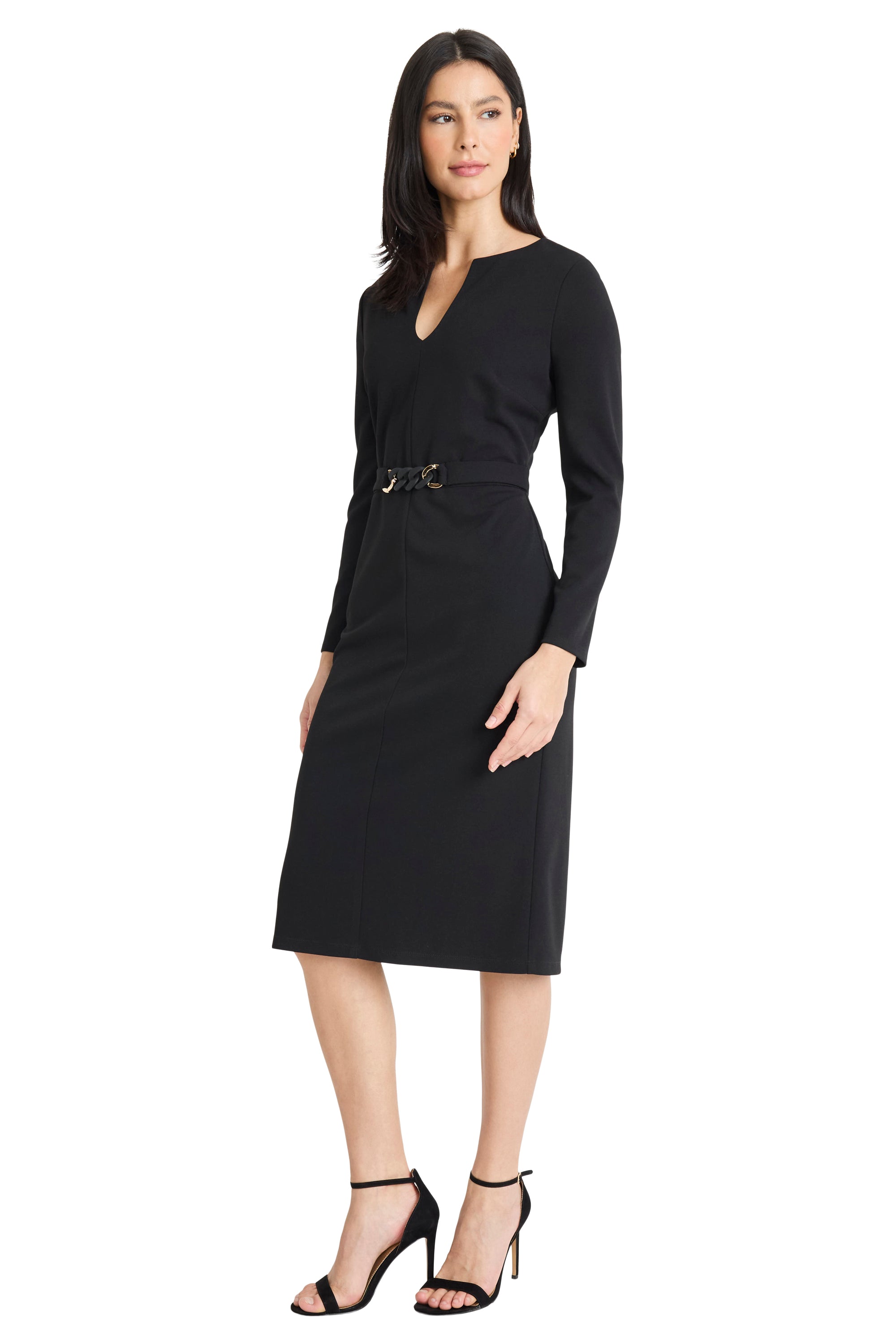 Ginevra Belted Long Sleeve Sheath A-Line Midi Dress