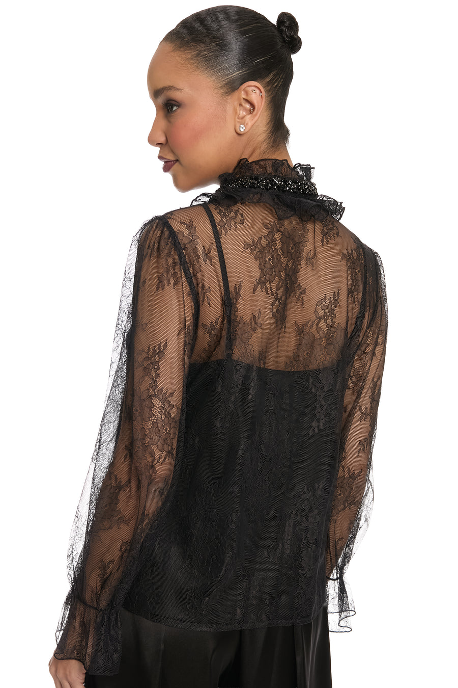 Monty Sheer Top Embellished Lace Ruffle
