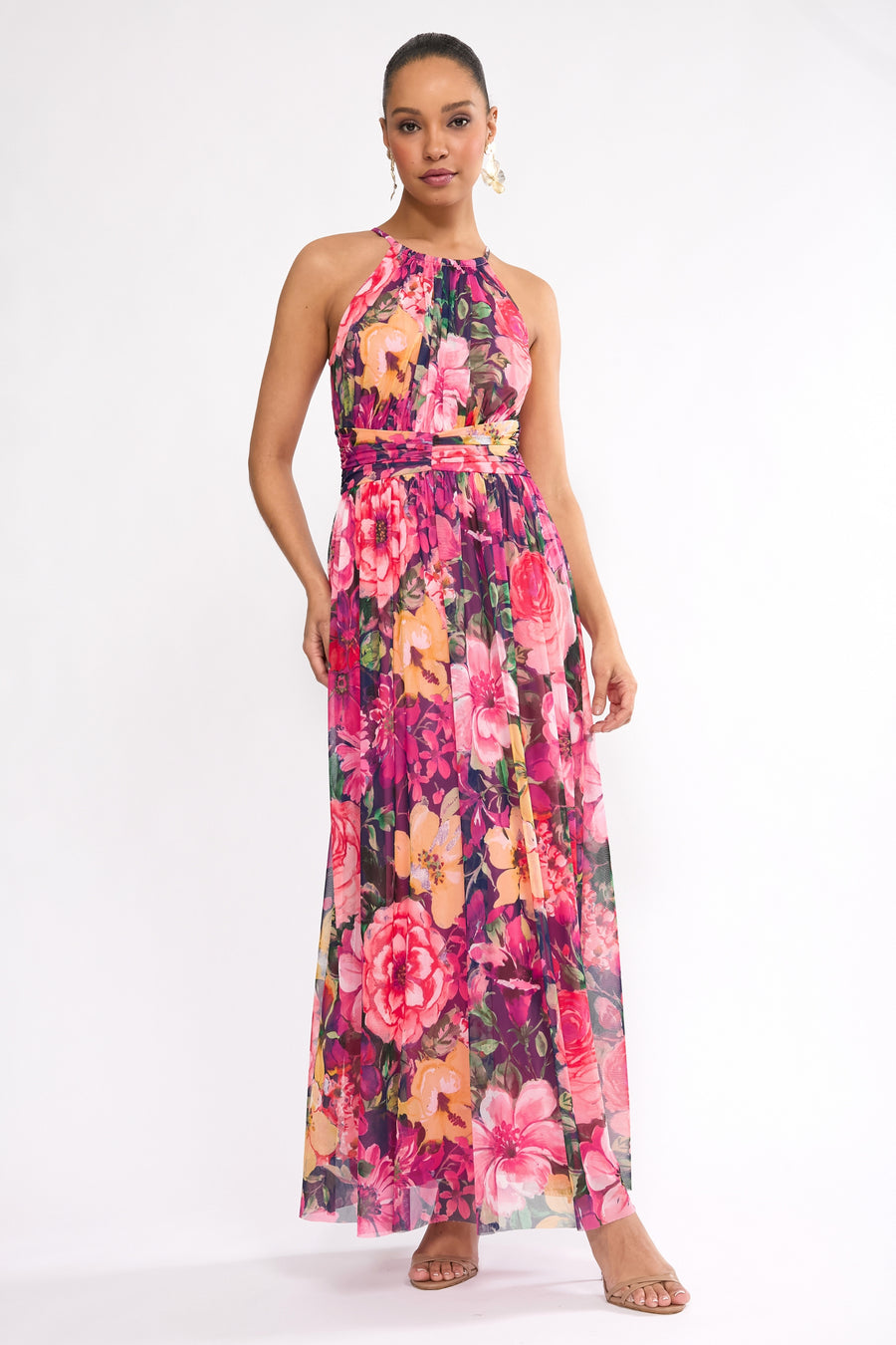 halter sleeveless ruched design dress London Times Women's Floral Mesh Maxi Dress - Red