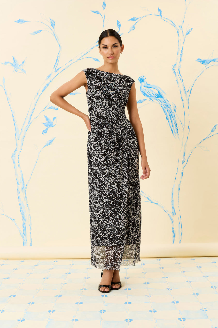 maggy london asymmetrical drape midi dress Midi Dress Maggy London Asymmetrical Sheath Dress Maggy London Printed Power Mesh Boat Neck Illusion Long