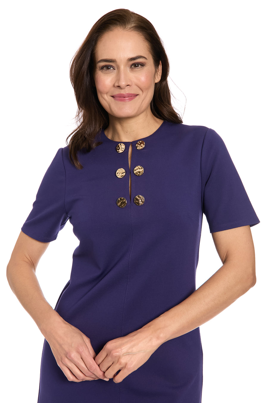 Blare Gold Button Split Neck Mini Dress