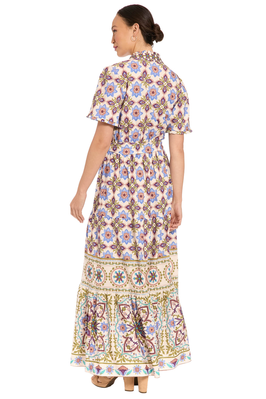 Mackenzie Elbow Sleeve TIered Maxi in Tiles Medallion Maggy London Mackenzie Elbow Sleeve TIered Maxi in Tiles Medallion Maggy London