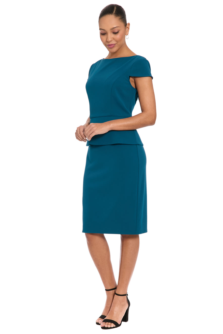 Nadya Cap Sleeve Peplum Sheath in Scuba Crepe