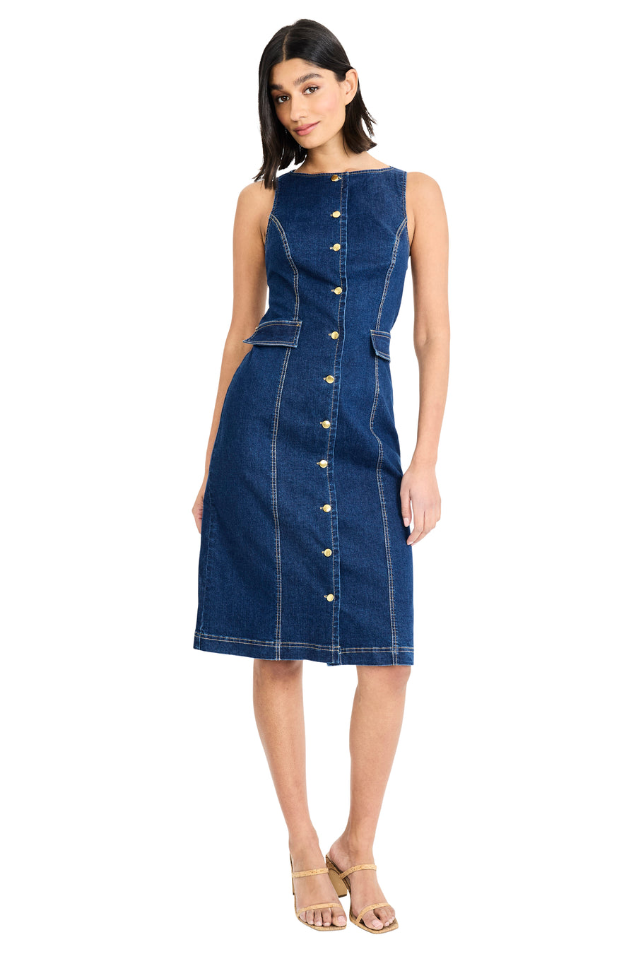Maggy London Women's Sleeveless Button Detail Dress - Dark WASH - 12 Maggy London Women's Sleeveless Button Detail Dress - Dark WASH - 12