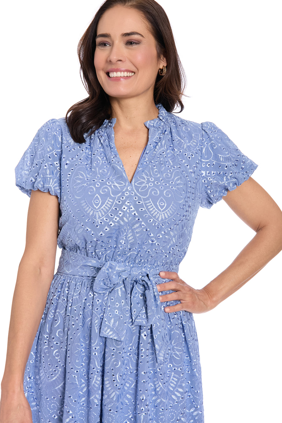 London Times Ruffle Neck Bubble Sleeve Eyelet Midi Dress in English Manor Blue - Medium London Times Ruffle Neck Bubble Sleeve Eyelet Midi Dress in English Manor Blue - Medium