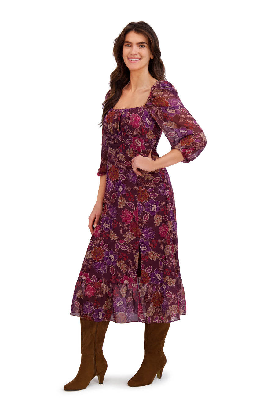 Kristin 3/4 Puff Sleeve Midi in Botanical Chiffon