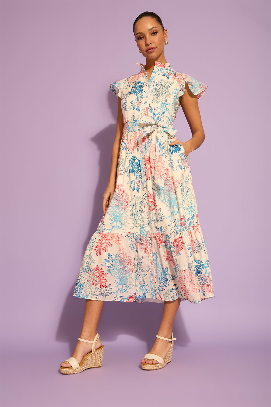 Adelina Flutter Sleeve Belted Tiered Midi Dress | London Times Maggy London Adelina Flutter Sleeve Belted Tiered Midi Dress | London Times Maggy London