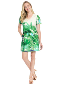 Leilani V-neck Short Sleeve Shift in Tropical Palms