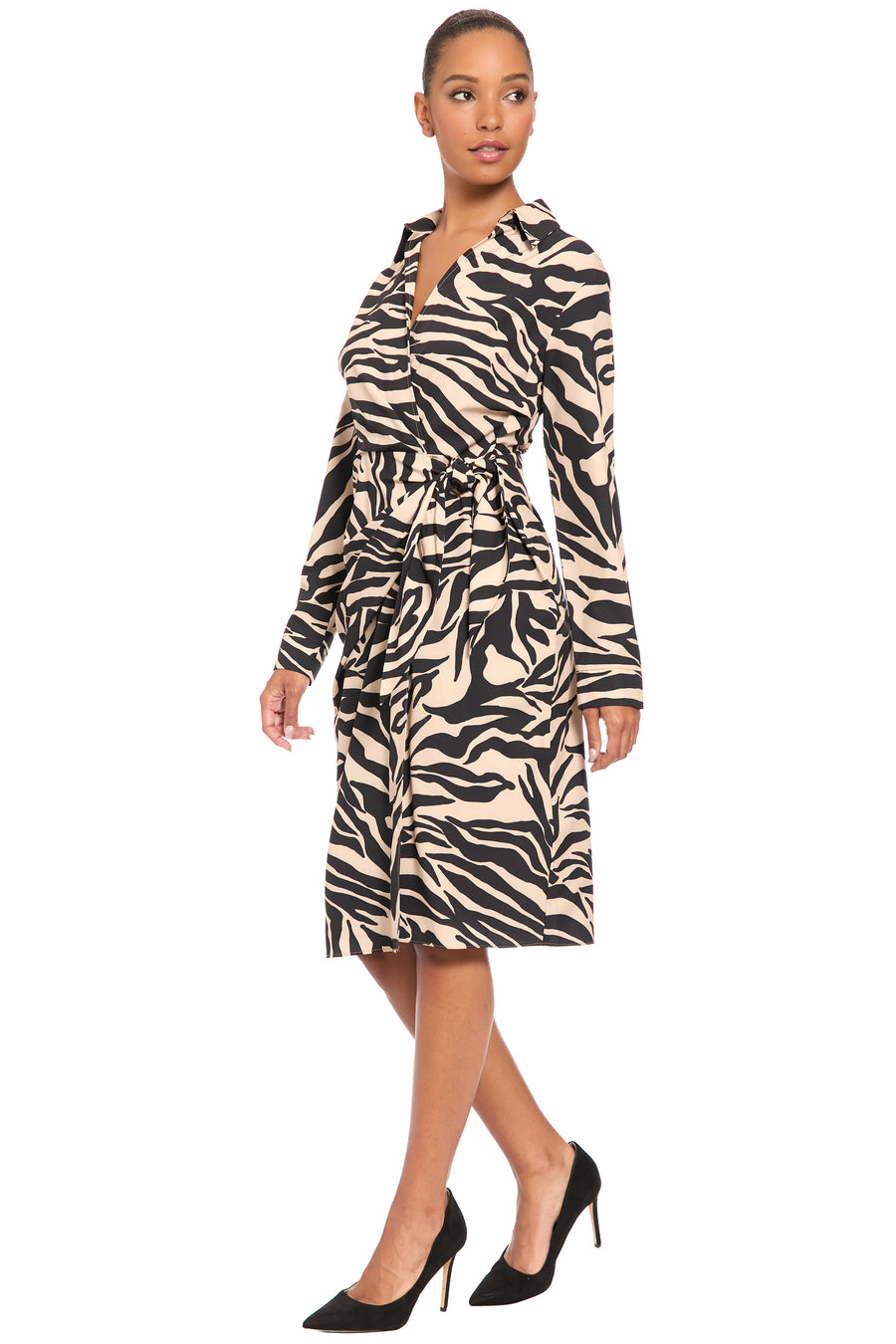 Rhea Collared Side Tie Midi in Zebra