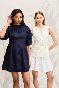Deana Belted Linen Mini Dress with Cotton Skirt