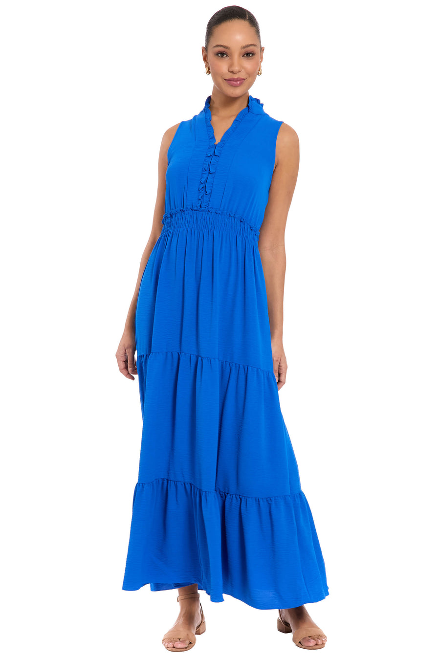 maggy london brooke ruffle neck maxi dress RUFFLE NECK SLEEVELESS PEASANT MAXI IVORY/CHARCOAL / Standard / 6