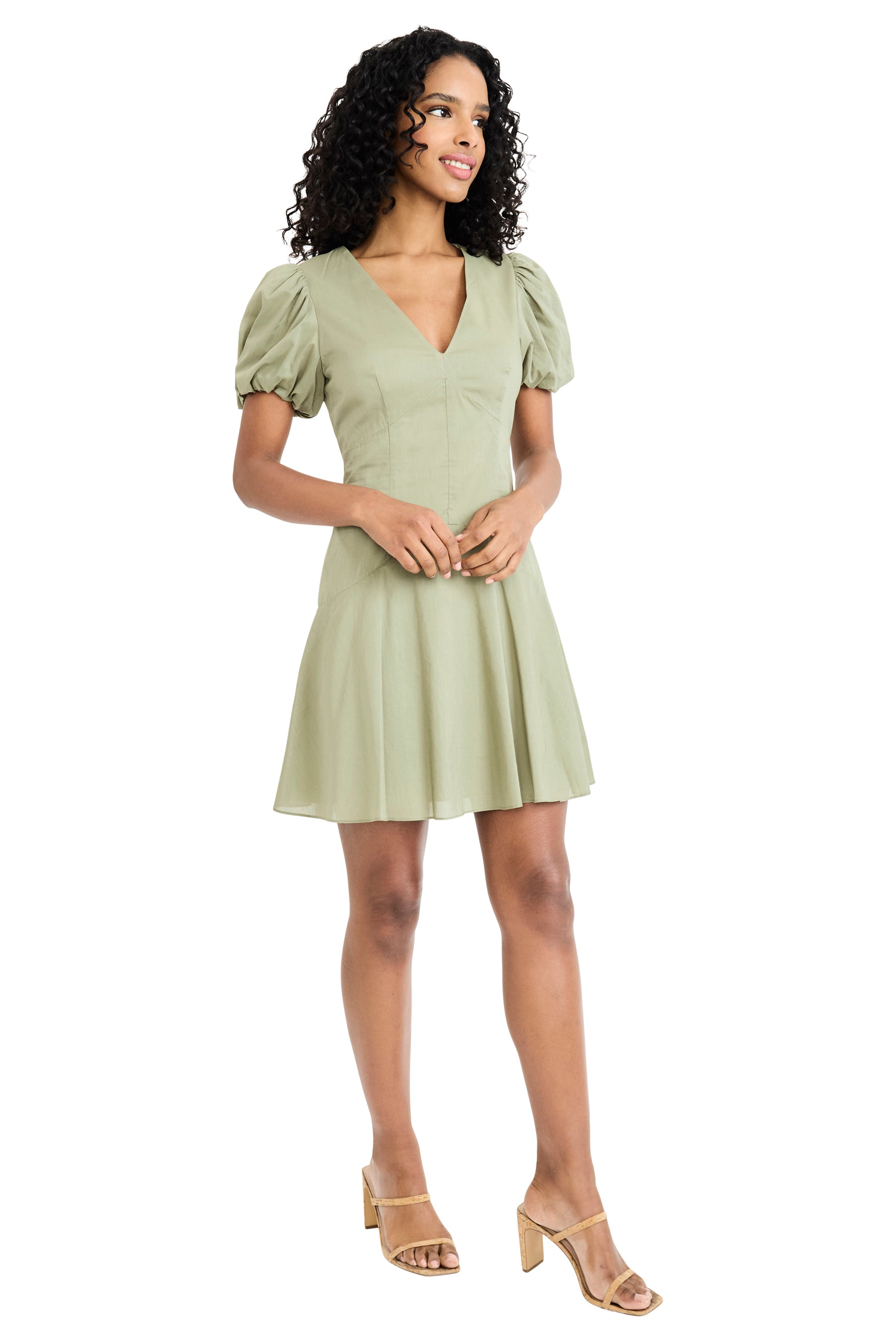 Donna Morgan Women's Puff Sleeve V-Neck Mini Dress - Oil Green