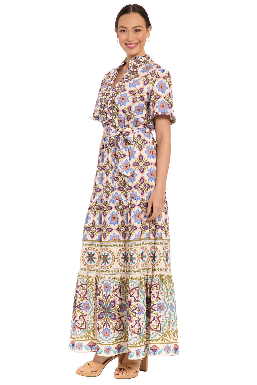 Mackenzie Elbow Sleeve Tiered Maxi in Tiles Medallion