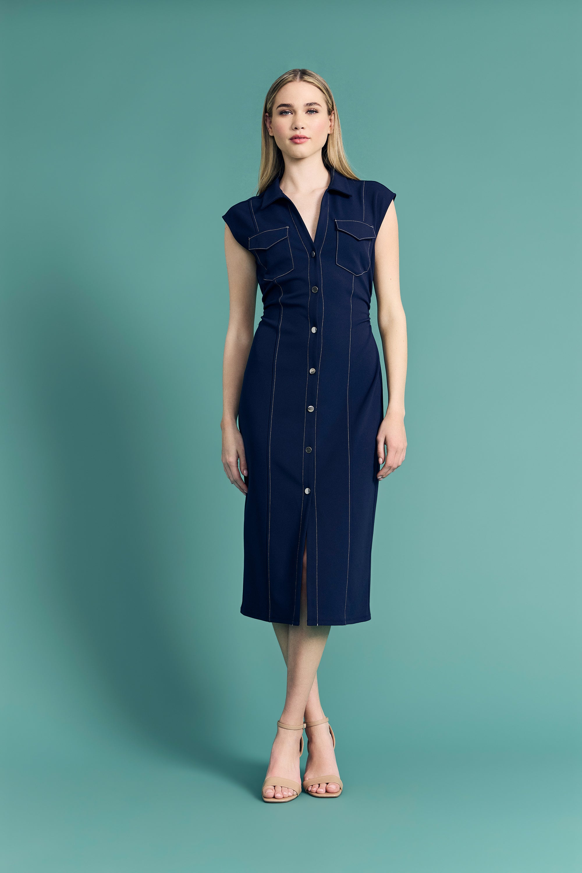 Yasmin Sleeveless Button Front Shirt Dress Sheath – Maggy London