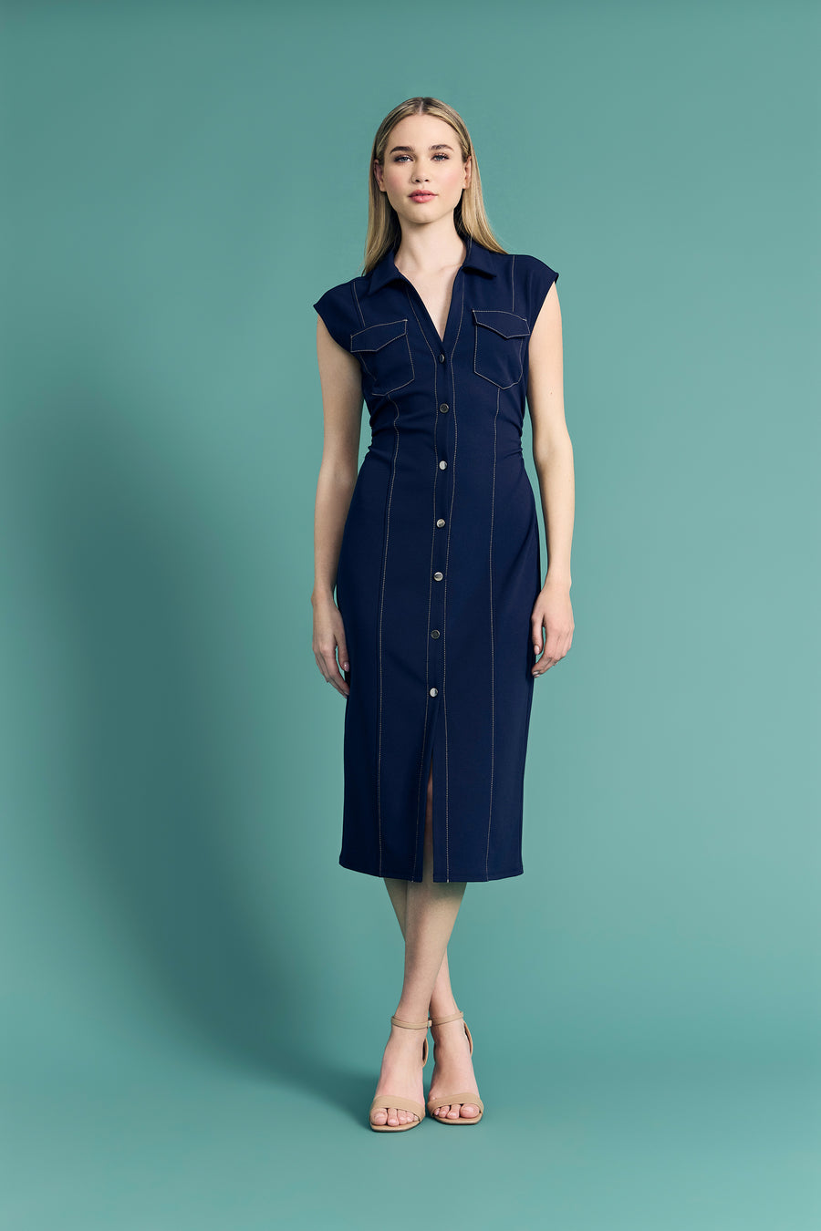 Yasmin Sleeveless Button Front Shirt Dress Sheath