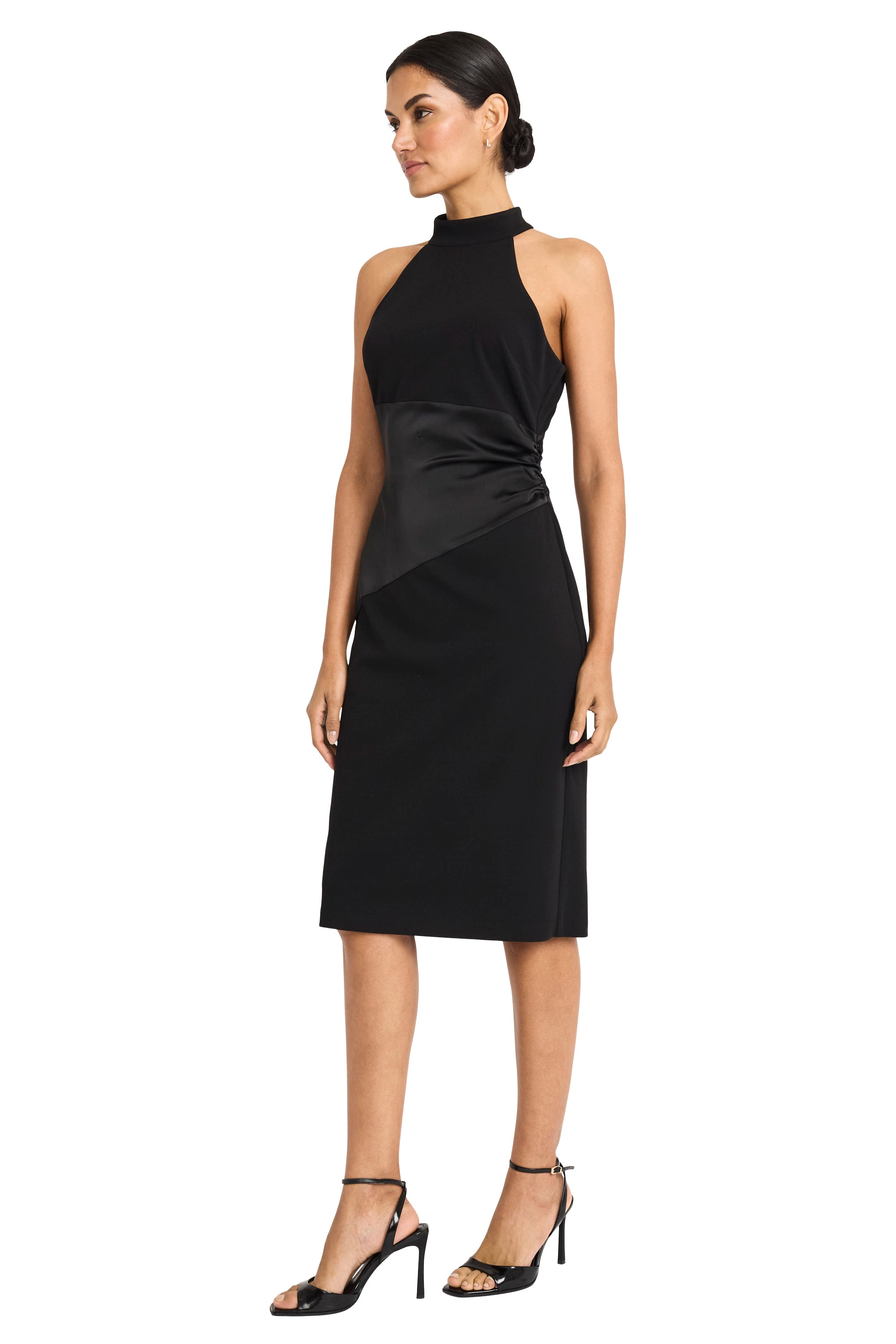 Maggy London Scuba Crepe Halter Neck Sleeve Satin Drape Sheath Midi Dress, Womens, 16, Black Maggy London Scuba Crepe Halter Neck Sleeve Satin Drape Sheath Midi Dress, Womens, 16, Black