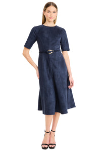 Elea Elbow Sleeve Midi Dress with Belt in Suede