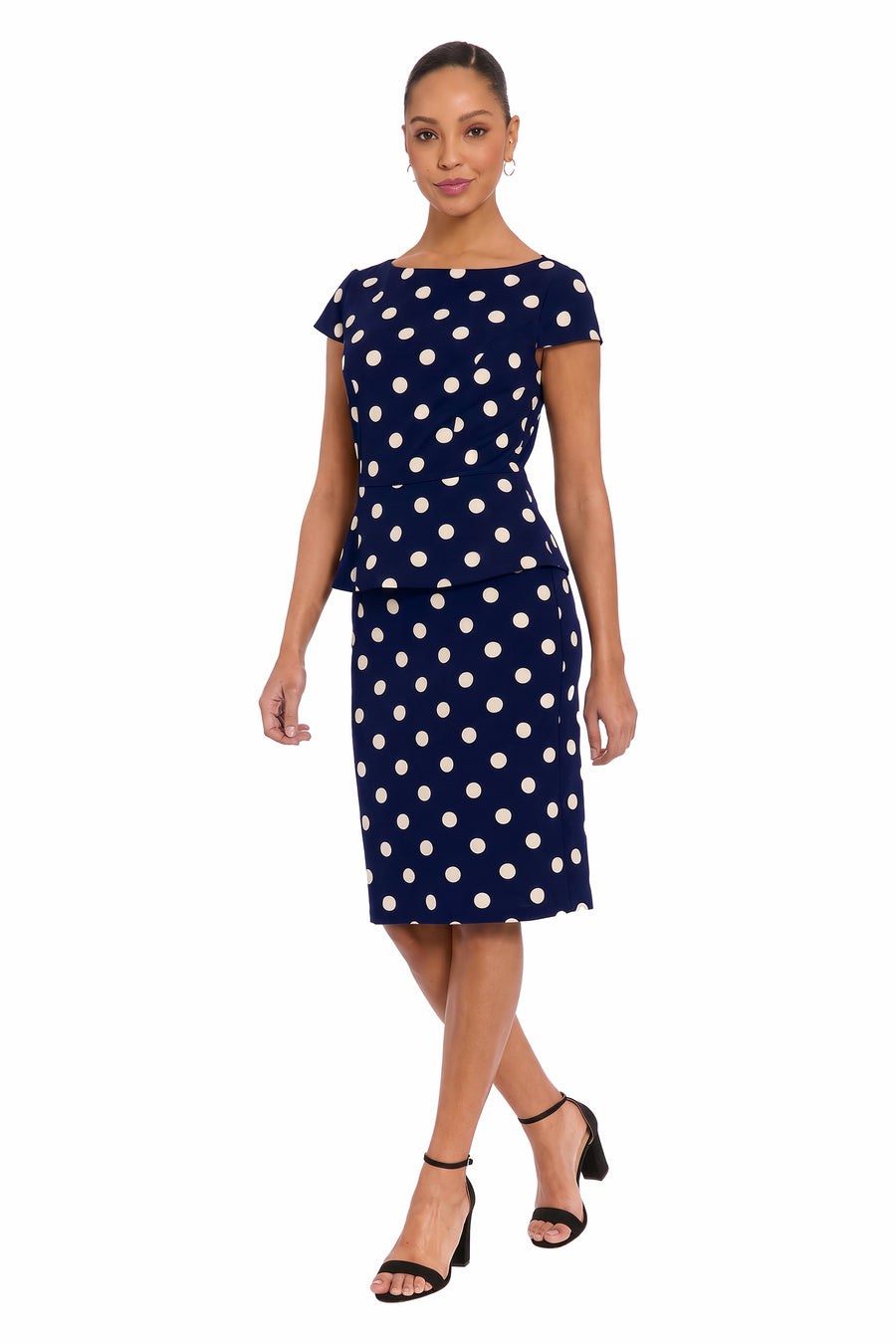 Nadya Cap Sleeve Peplum Sheath in Quarter Dots