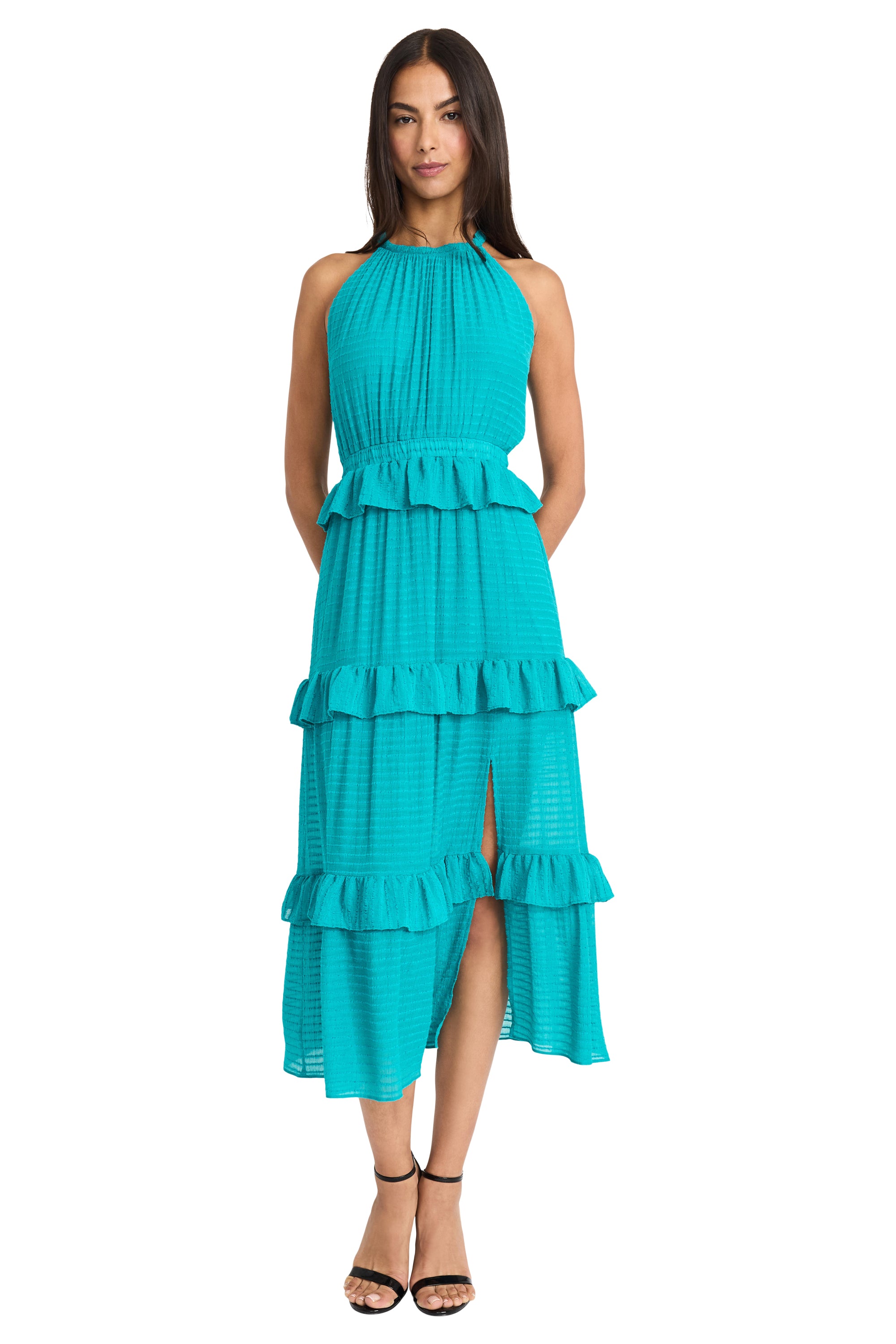 London Times Women's Short Sleeve Crepe Fit And Flare Midi With Waist Button Detail Dress