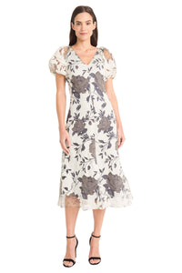 Mariel Puff Sleeve Midi in Crinkle Jacquard