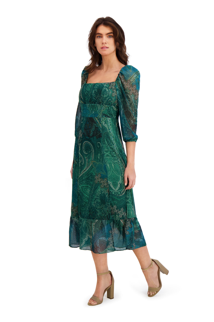 Kristin 3/4 Puff Sleeve Midi in Paisley Chiffon
