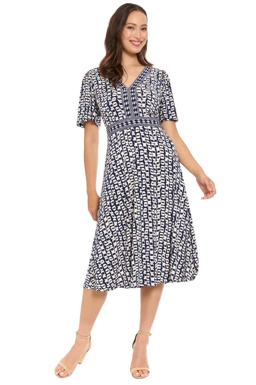 London Times Women's Framed V-Neck Flutter-Sleeve Flare Dress - Black/Ivory - Size L London Times Women's Framed V-Neck Flutter-Sleeve Flare Dress - Black/Ivory - Size L