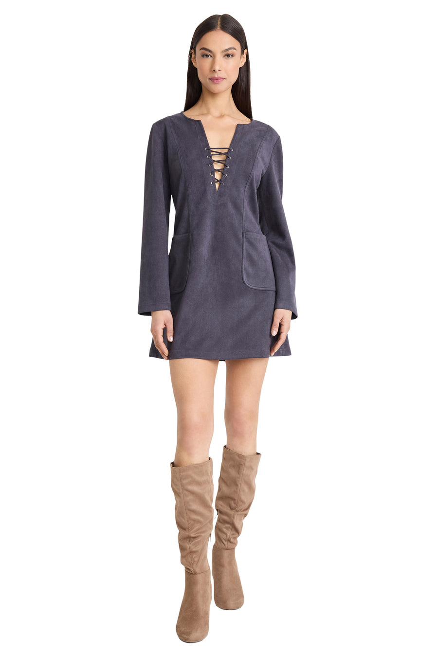 The Good Journey Long Sleeve Suede Mini Dress, Womens, 10, Grey The Good Journey Long Sleeve Suede Mini Dress, Womens, 10, Grey