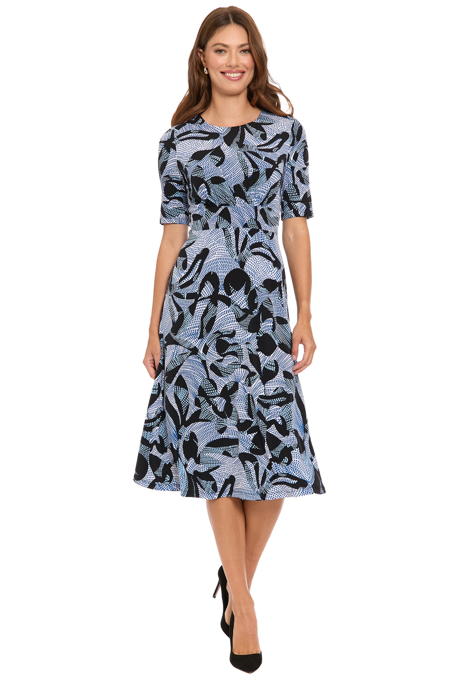 Women's London Times Printed Midi A-Line Dress, Size: 10, Black Blue