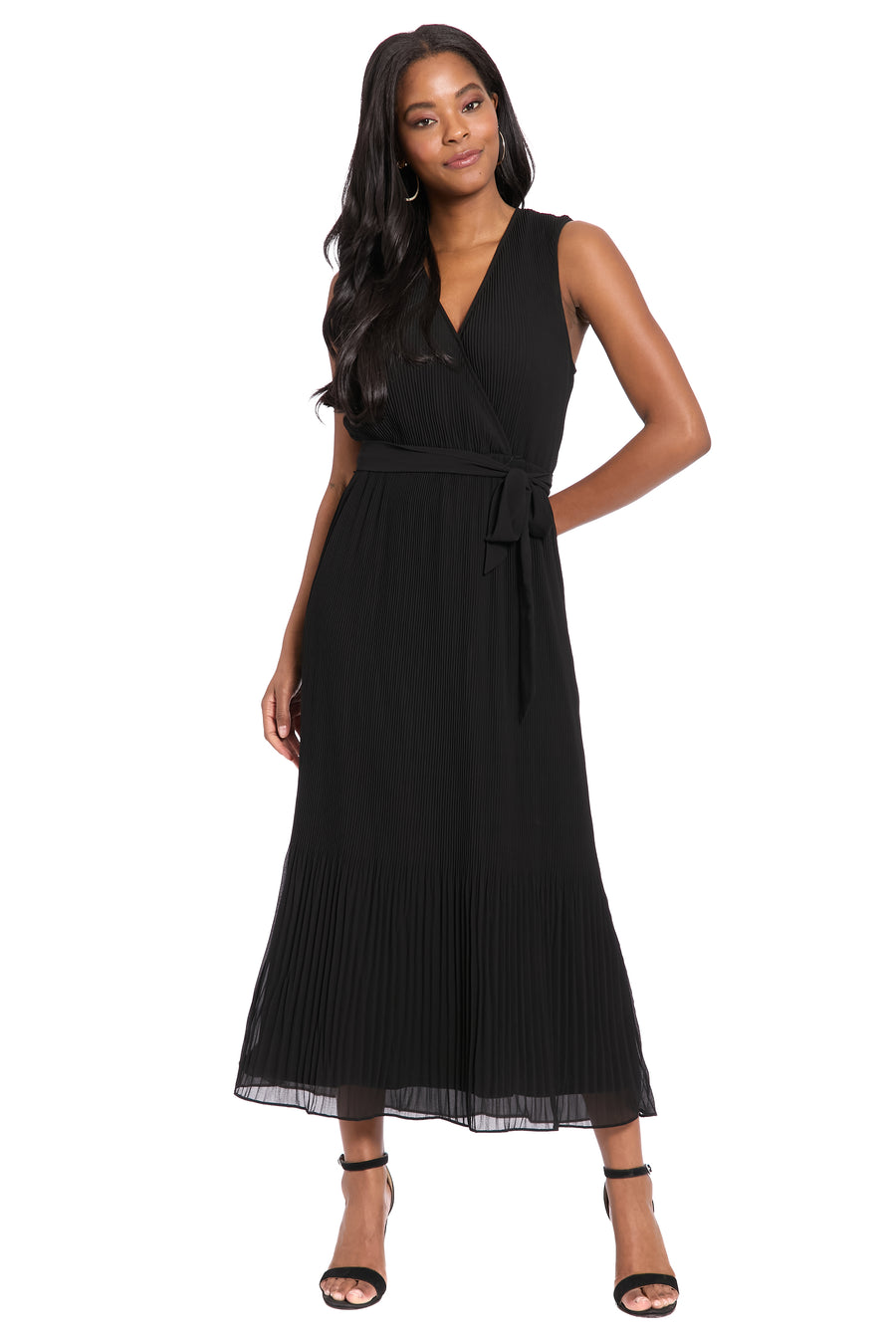 Rivera Pleated Surplice Midi Dress A-Line Sleeveless | London Times Maggy London Rivera Pleated Surplice Midi Dress A-Line Sleeveless | London Times Maggy London
