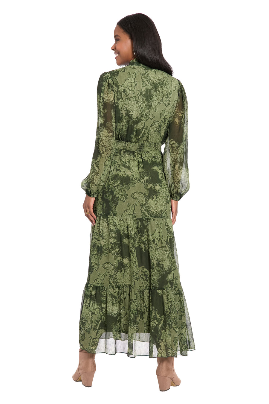 Lettie Long Sleeve Ruffle Neck Tiered Maxi Dress