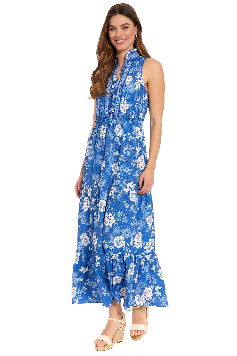 Brooke Ruffle Neck Smocked Maxi in Grid Floral