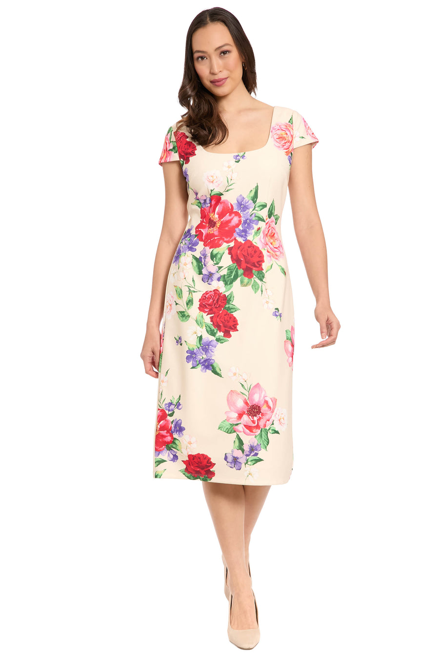 Bobbi Square Neck Cap Sleeve Sheath Midi Dress Bobbi Square Neck Cap Sleeve Sheath Midi Dress