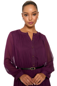 Tamsen Long Sleeve Chiffon Pleated Shirtdress