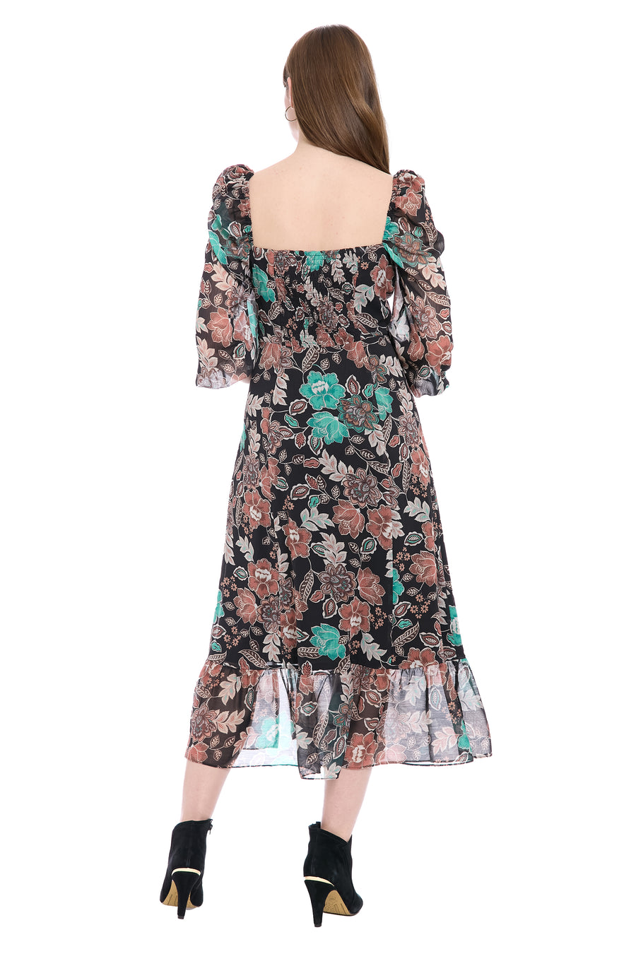 chiffon midi dress with sleeves GODET - White Complete your ensemble with statement earrings and a sleek updo to showcase the elegant V Kristin 3/4 Puff Sleeve Midi