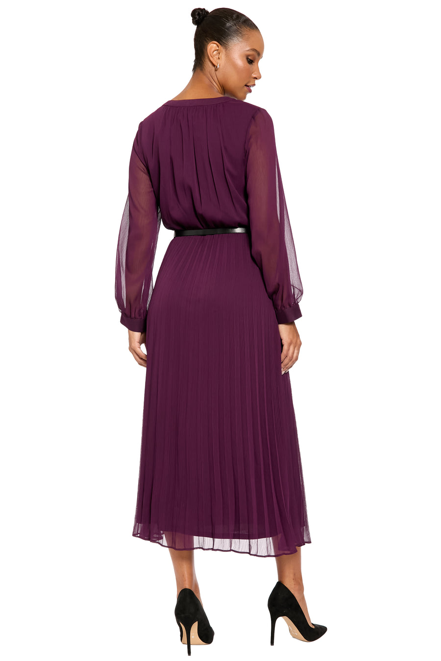 Tamsen Long Sleeve Chiffon Pleated Shirtdress